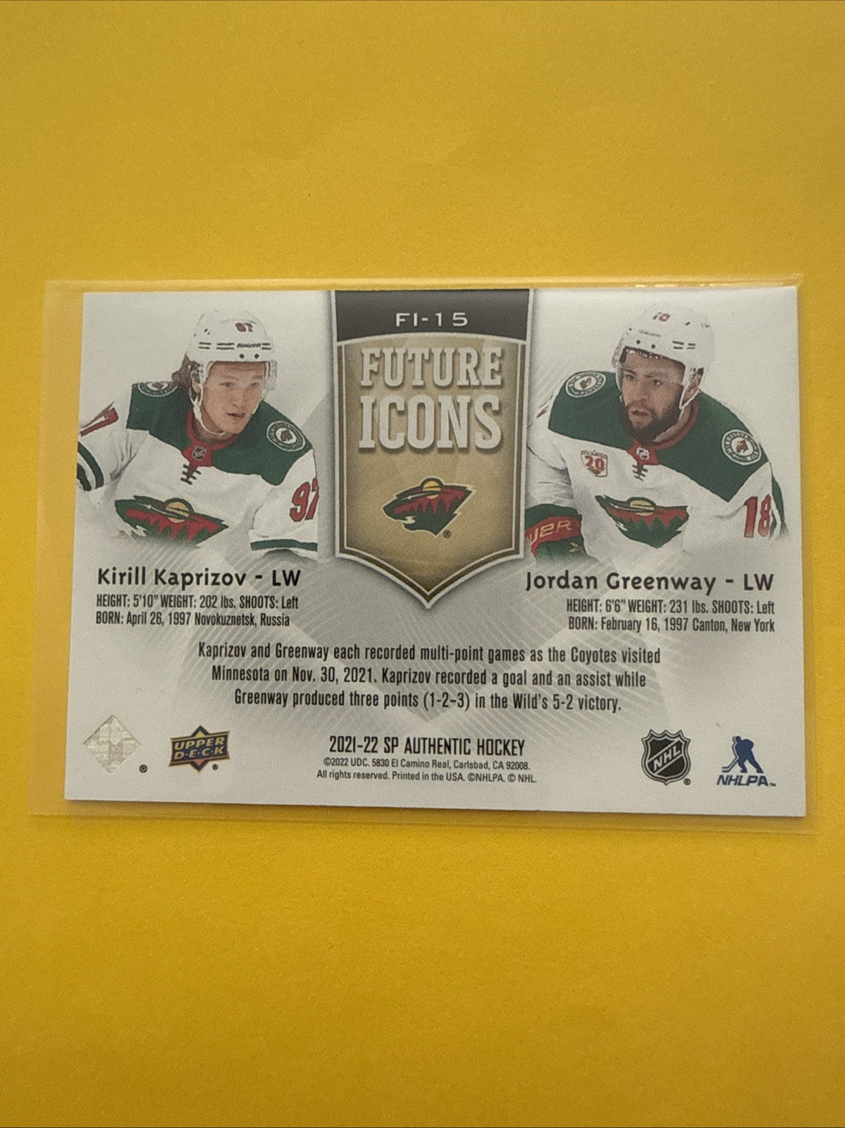 2021/22 SP Authentic Kaprizov/greenway Future Icons Parallel Card #FI-15 #d/399 - back