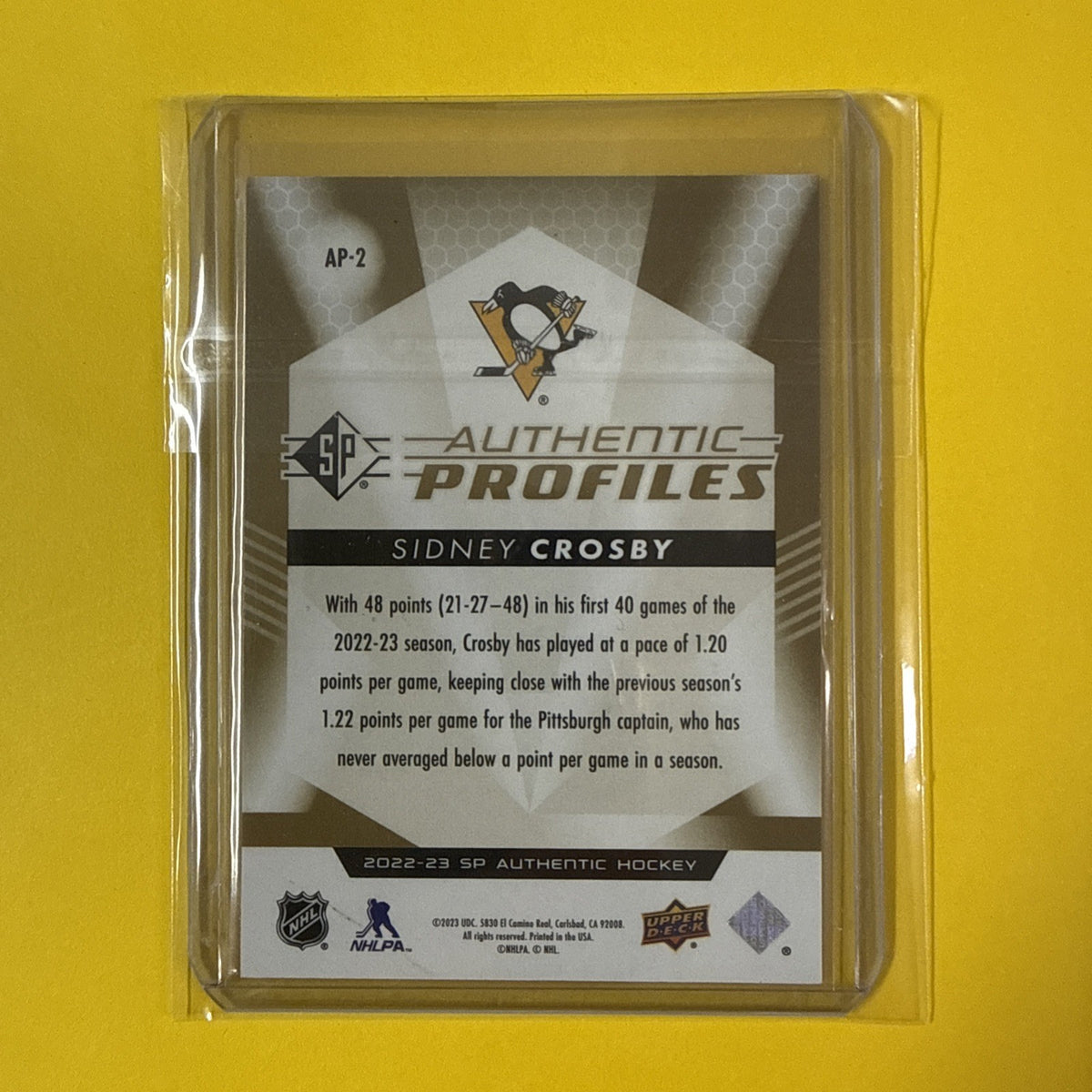 Sidney Crosby 2022/23 SP Authentic Profiles Gold Card Out of /199 - back