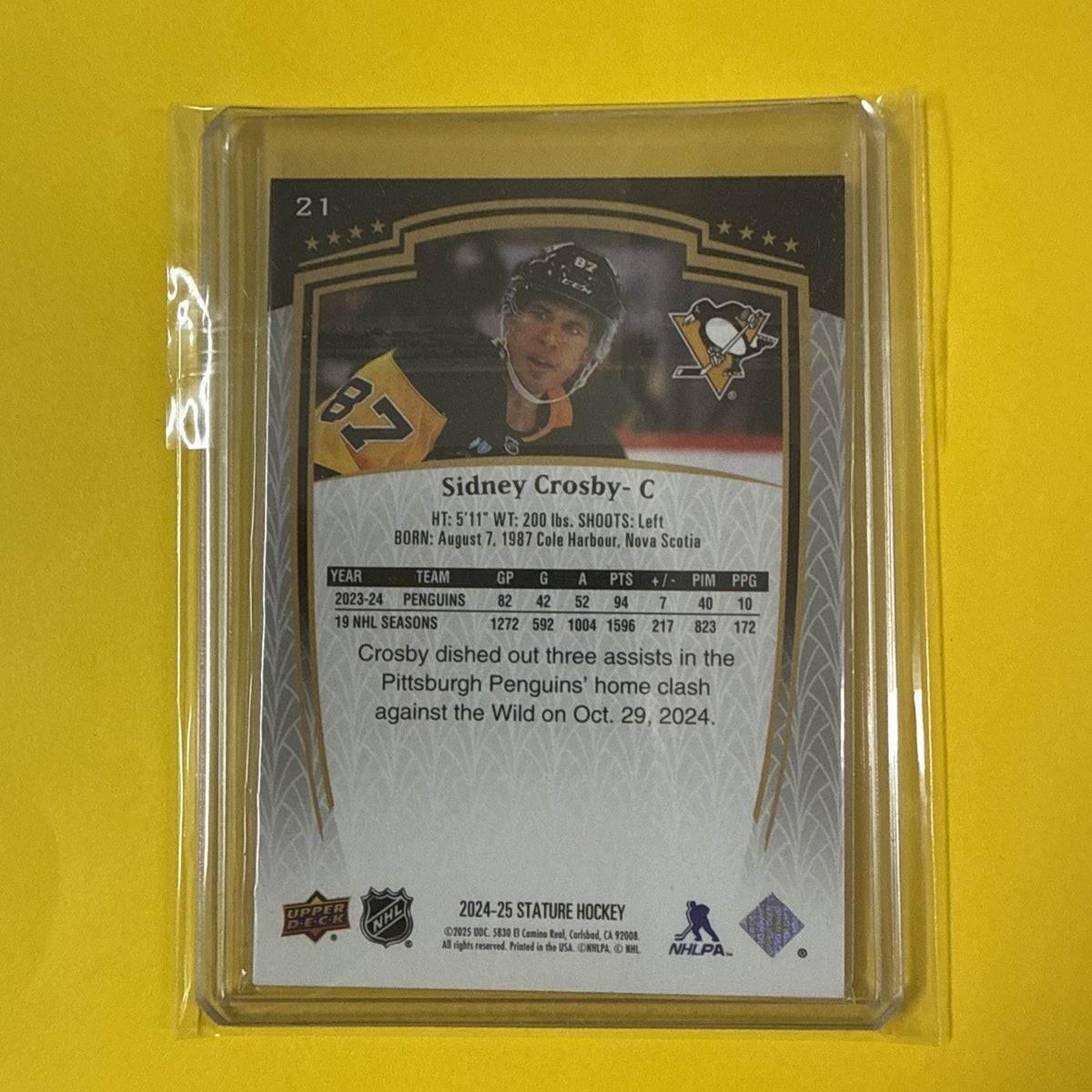 Sidney Crosby 2024/25 Stature Card - back