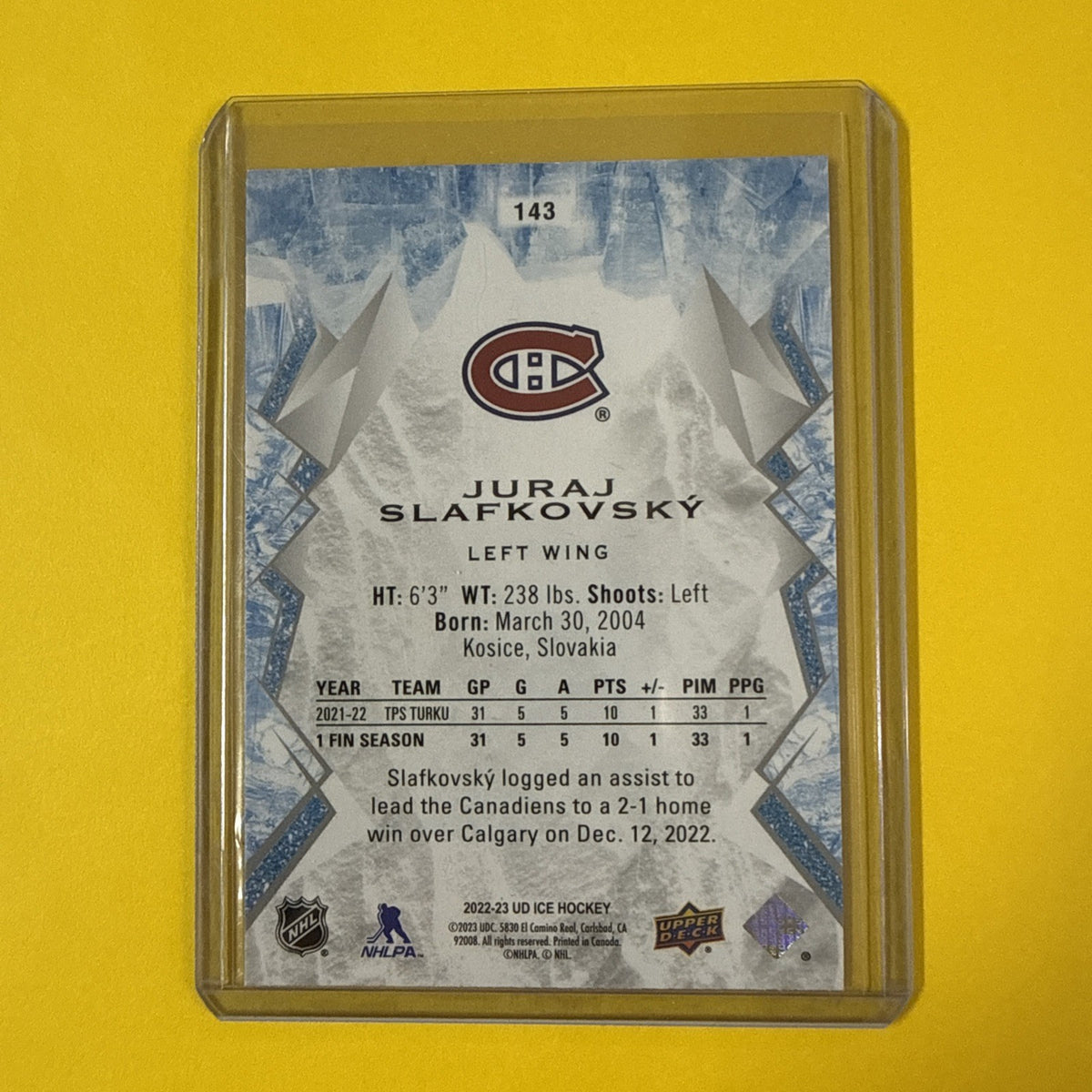Juraj Slafkovsky 2022/23 Rookie Card Ice - back