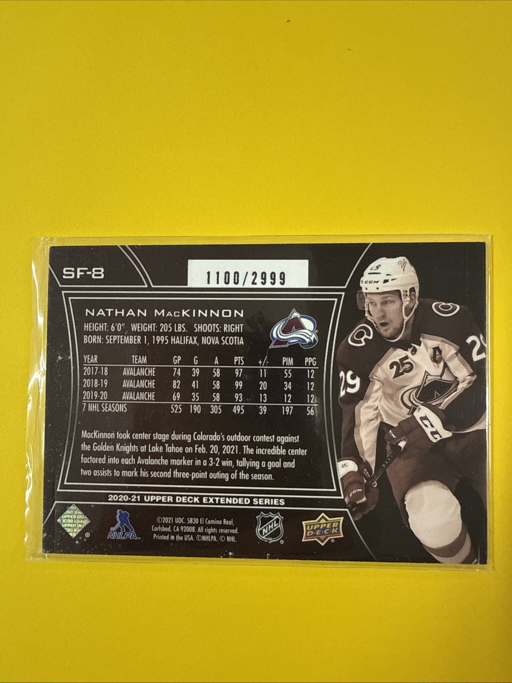 Nathan MacKinnon 2020/21 UD SPx Finite Card 1100/2999 - back