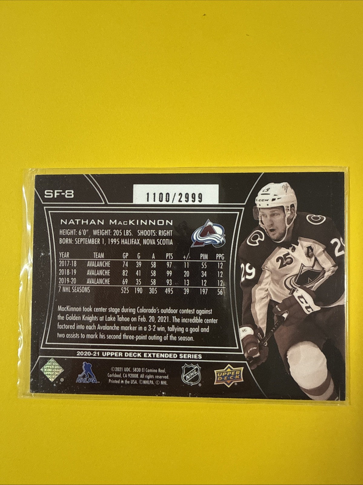 Nathan MacKinnon 2020/21 UD SPx Finite Card 1100/2999 - back
