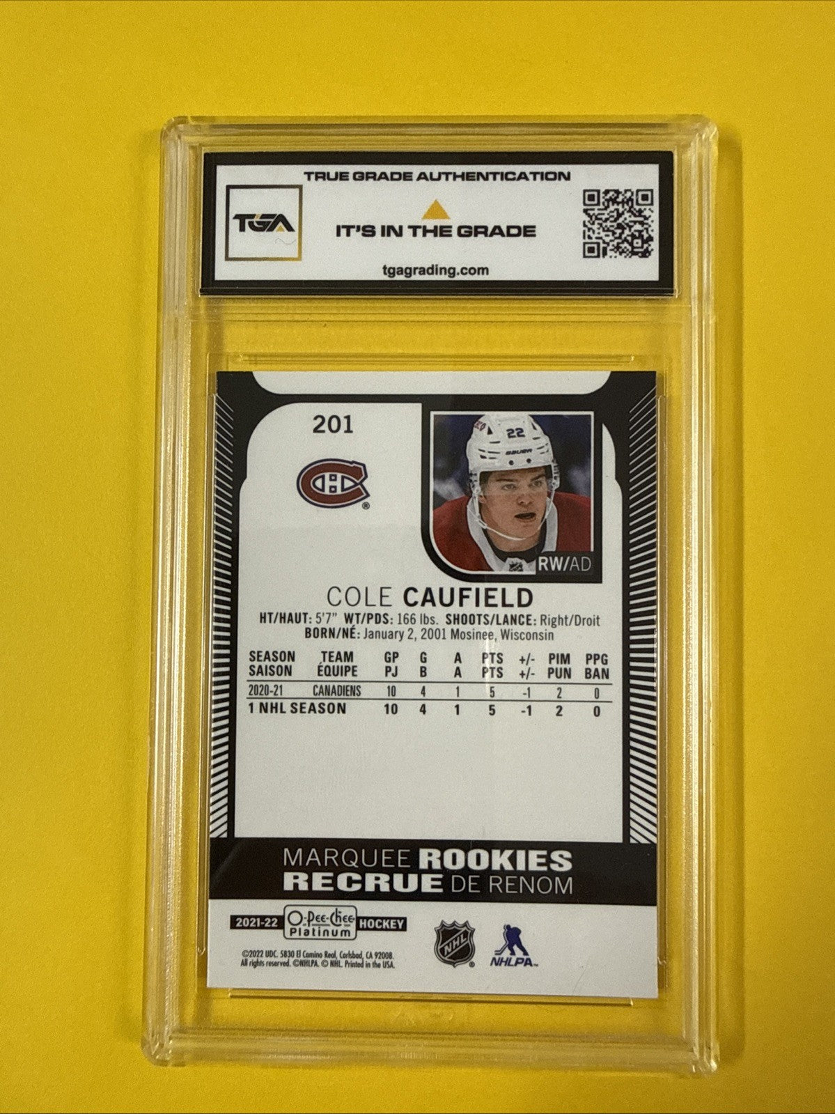 Cole Caufield 2021 O Pee Chee Platinum Rookie Card Graded 8 - back