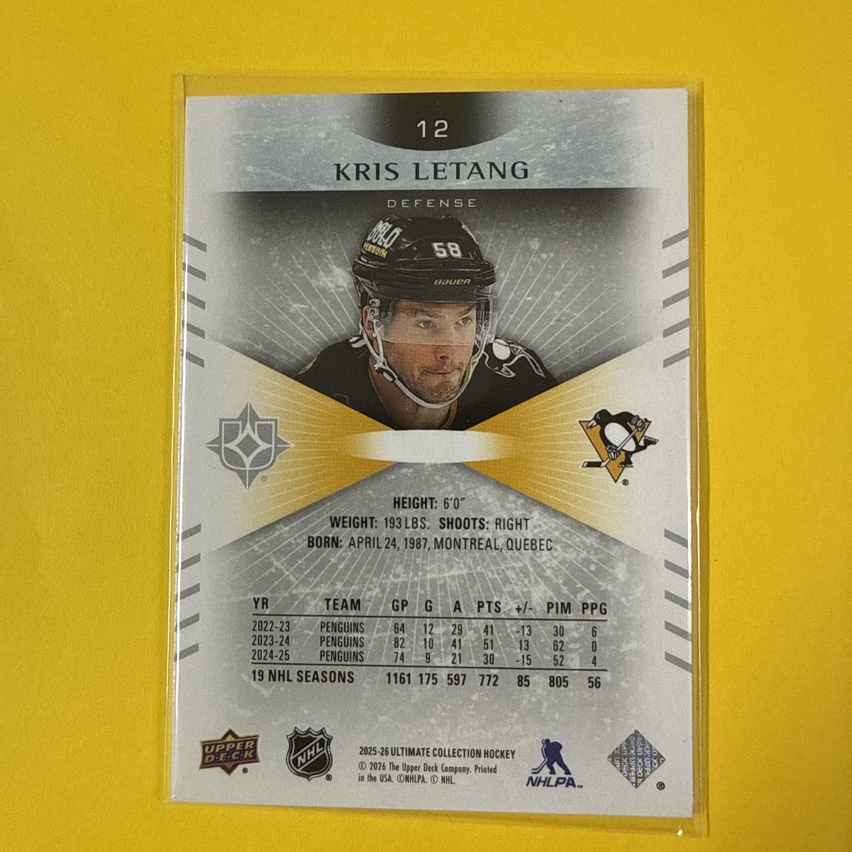 Ultimate Collection Hockey 2025/26 Connor Kris Letang Card /149 - back