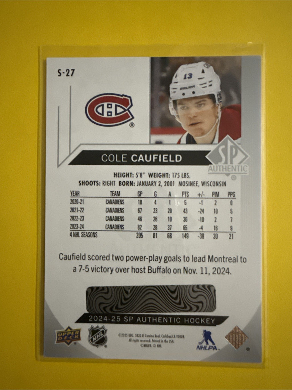 Cole Caufield 2024/25 SP Authentic Spectrum FX Card - back
