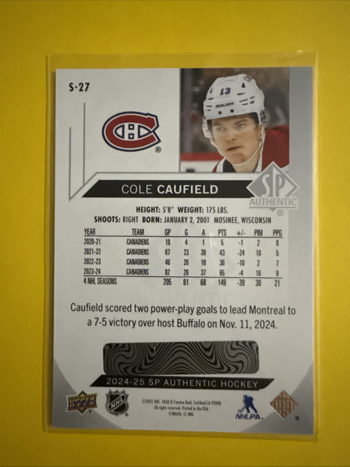 Cole Caufield 2024/25 SP Authentic Spectrum FX Card - back
