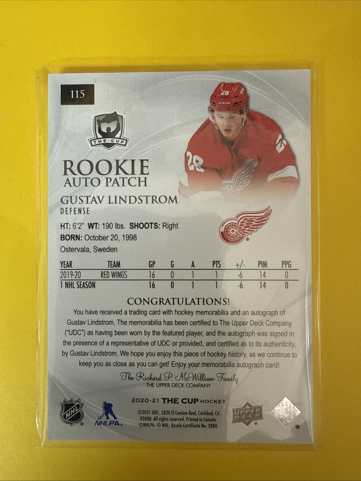 Gustav Lindstrom . 2020/21 the Cup Rookie Autographed Patch Card 045/249 - back
