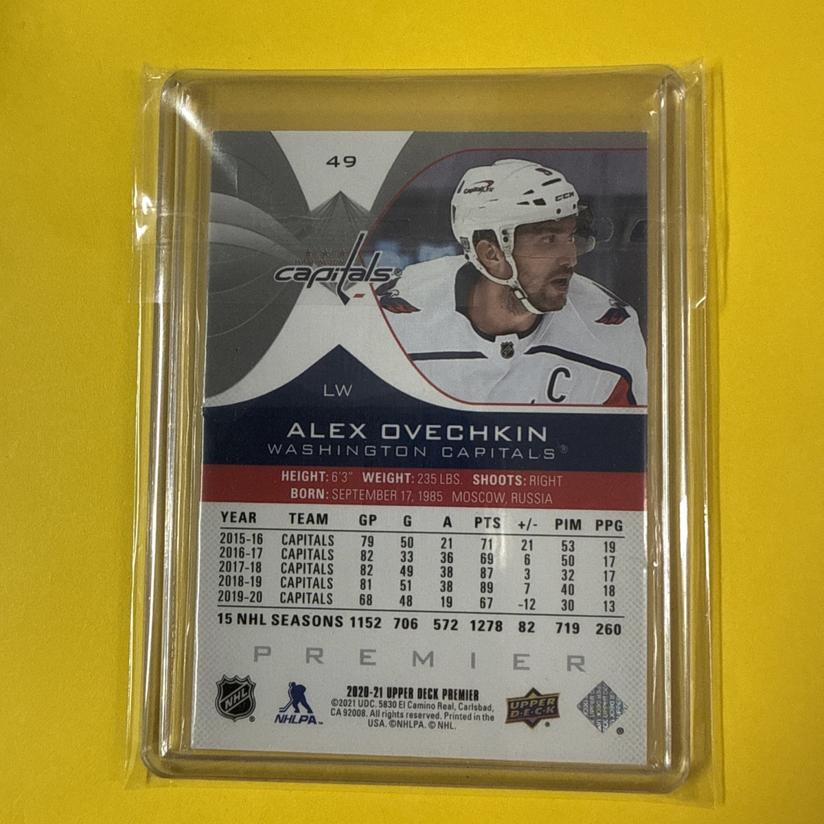 Alex Ovechkin 2020/21 UD Premier Collection Jersey Card Out of /299 - back