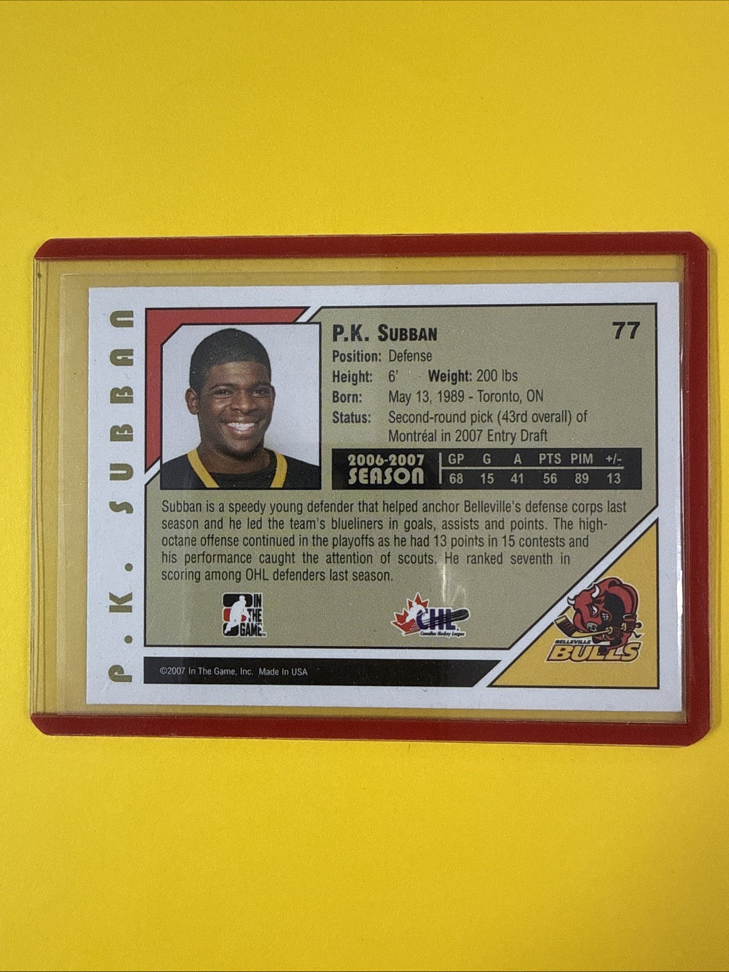 P.k Subban 2007 in the Game Autographed Card - back
