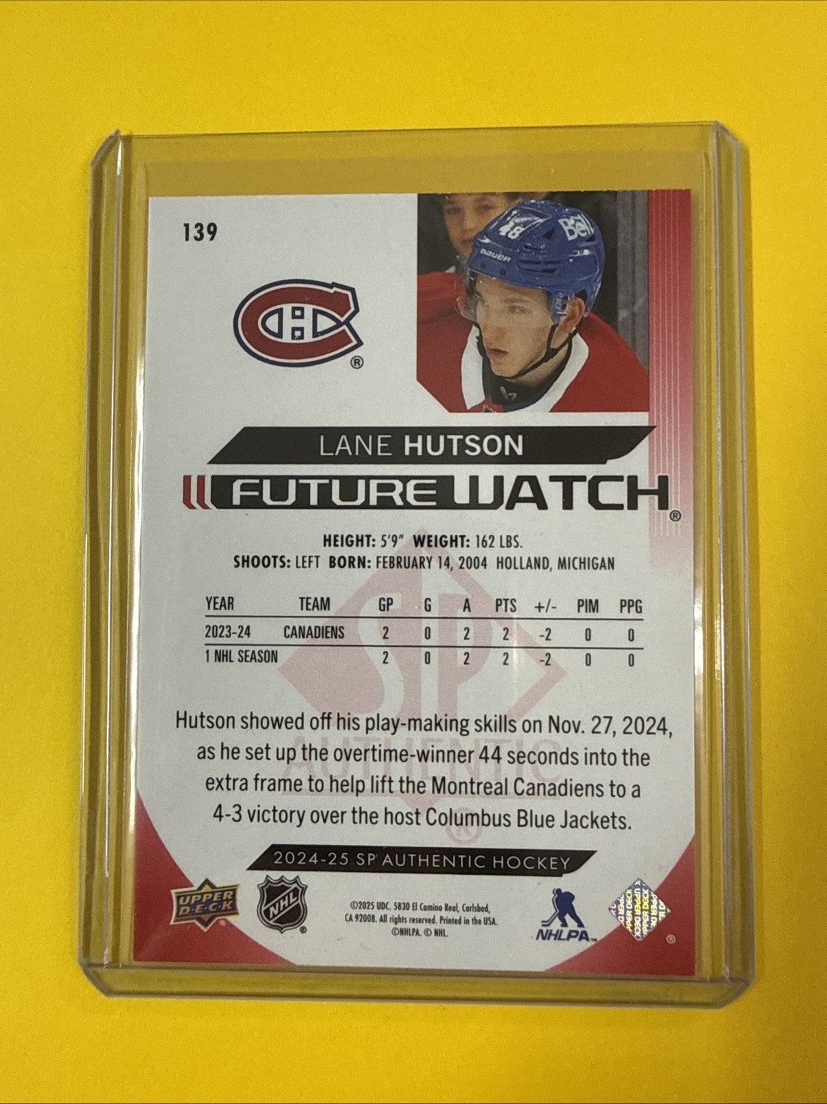 Lane Hutson 2024/25 SP Authentic Future Watch Red Limited Rookie Card - back