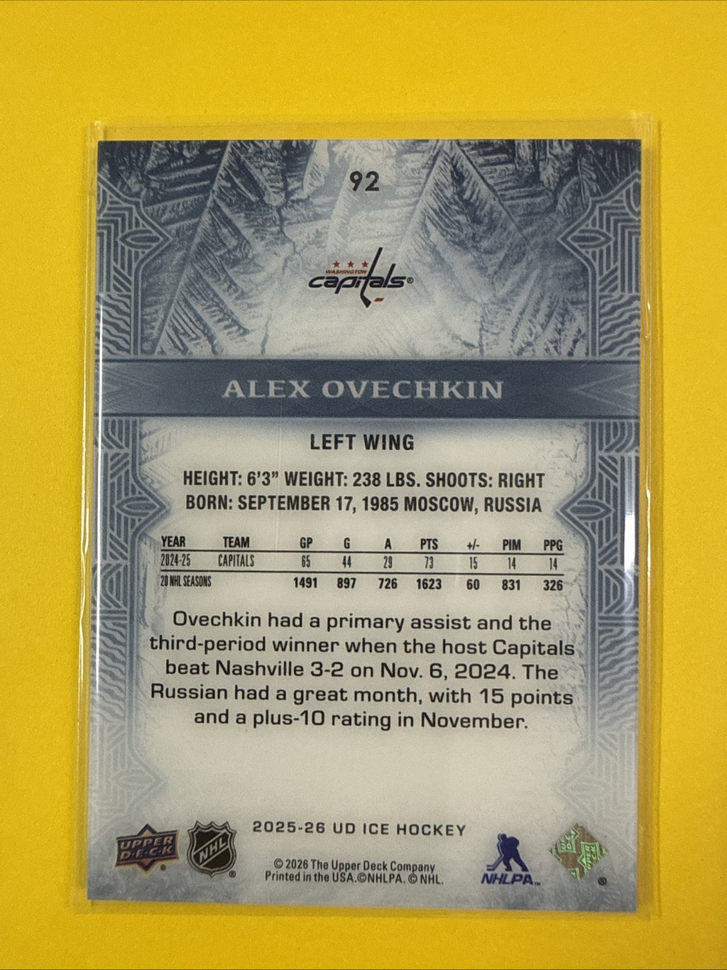 Alex Ovechkin 2025/26 UD Ice Card - back
