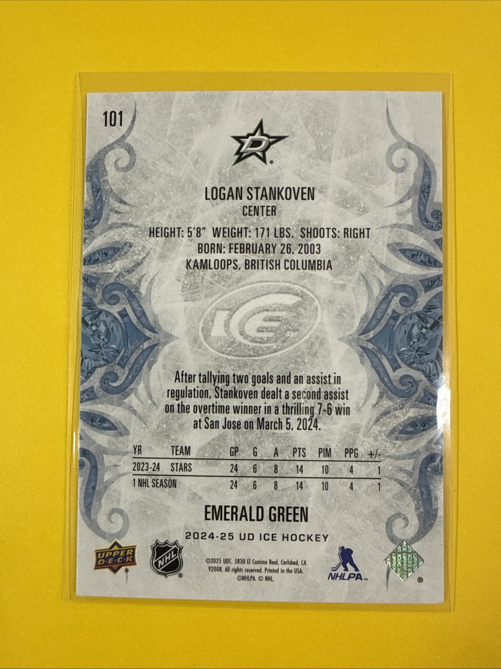 2024-25 UD Ice Logan Stankoven Emerald Green RC #101 Dallas Stars - back