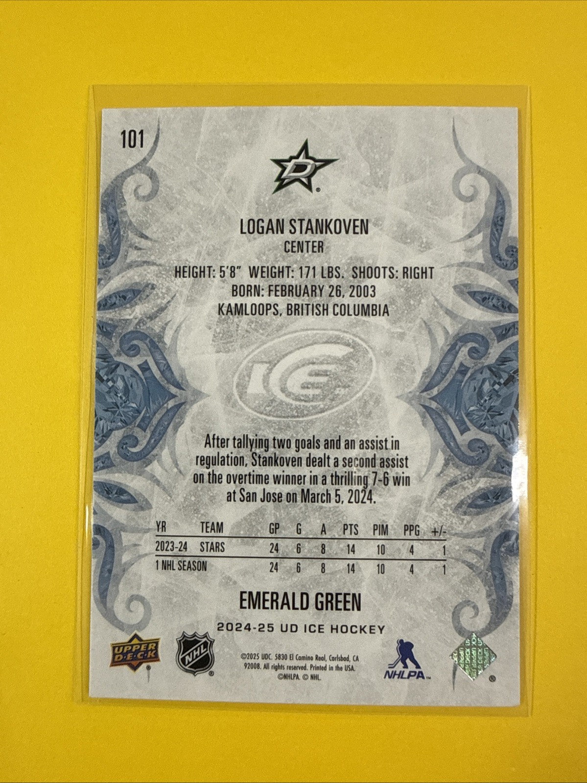 2024-25 UD Ice Logan Stankoven Emerald Green RC #101 Dallas Stars - back