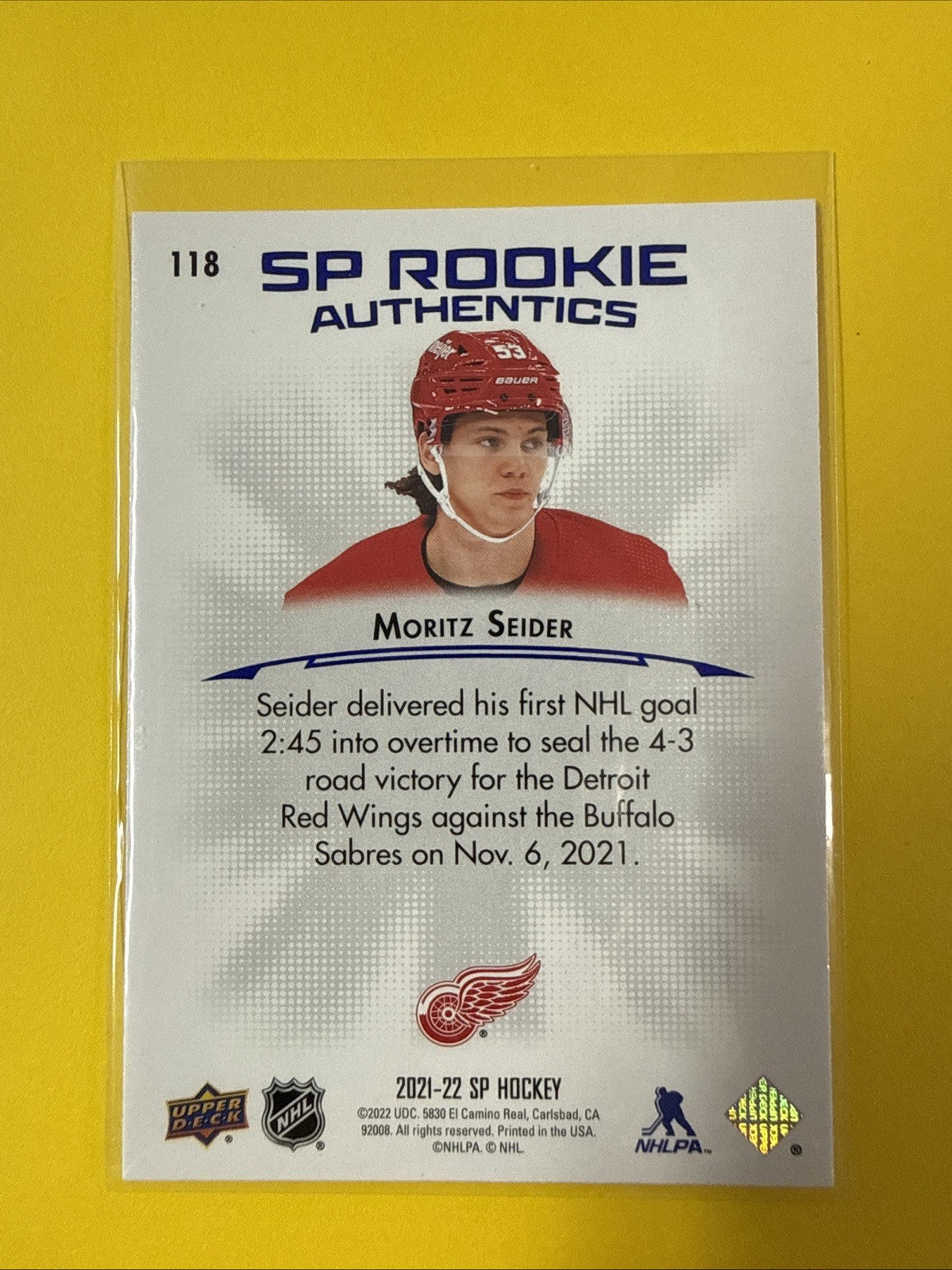 Moritz Seider 2021/22 SP Authentic Rookie Card - back