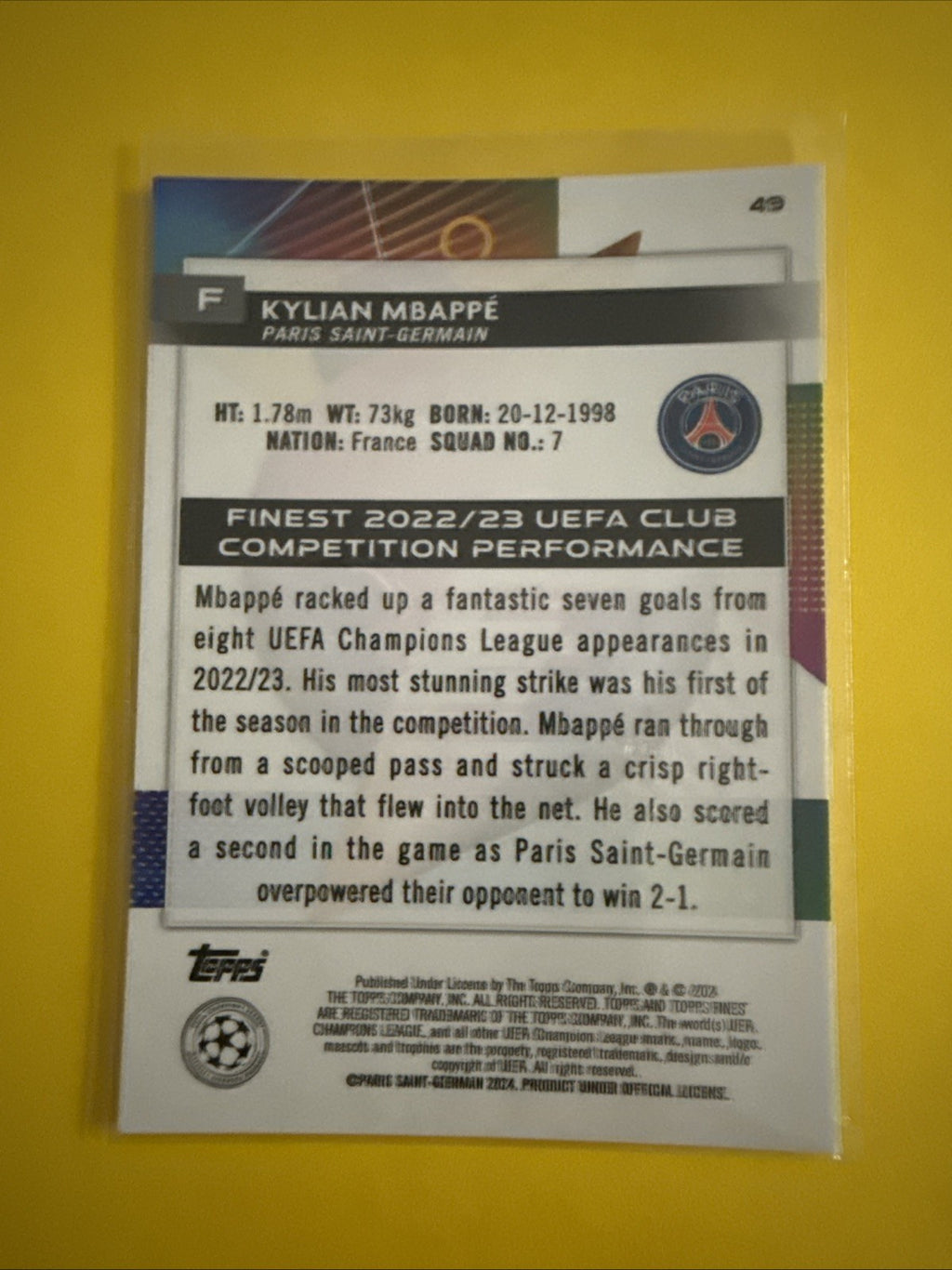 Kylian Mbappé 2024 Topps Finest Chrome Soccer Card - back