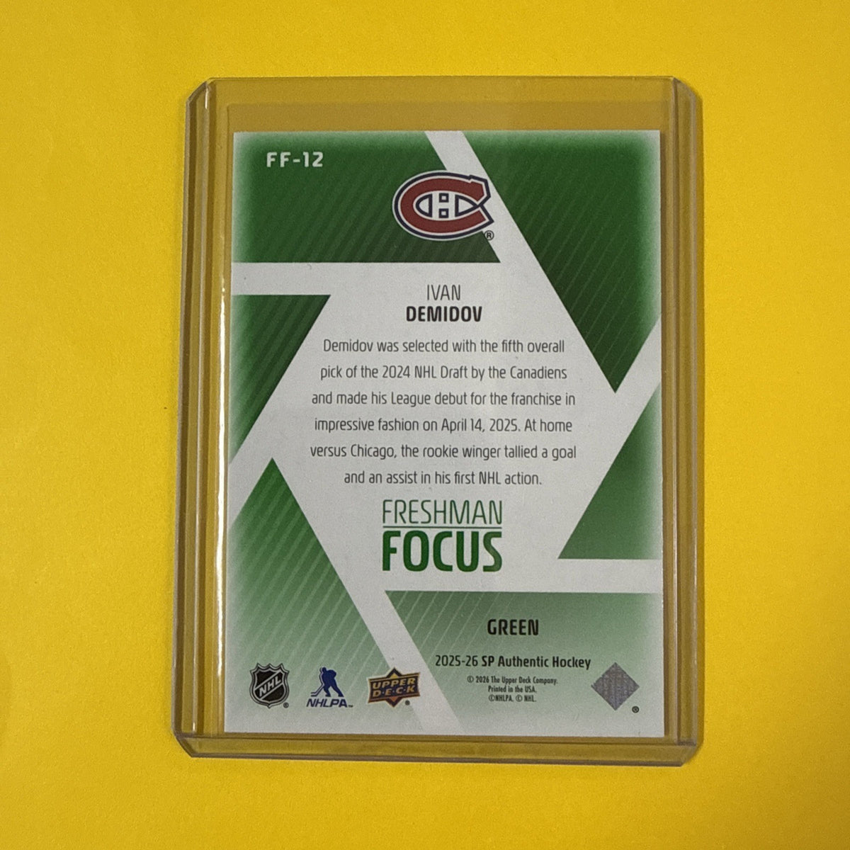 Ivan Demidov 2025/26 SP Authentic Freshman Focus Green Rookie Card - back