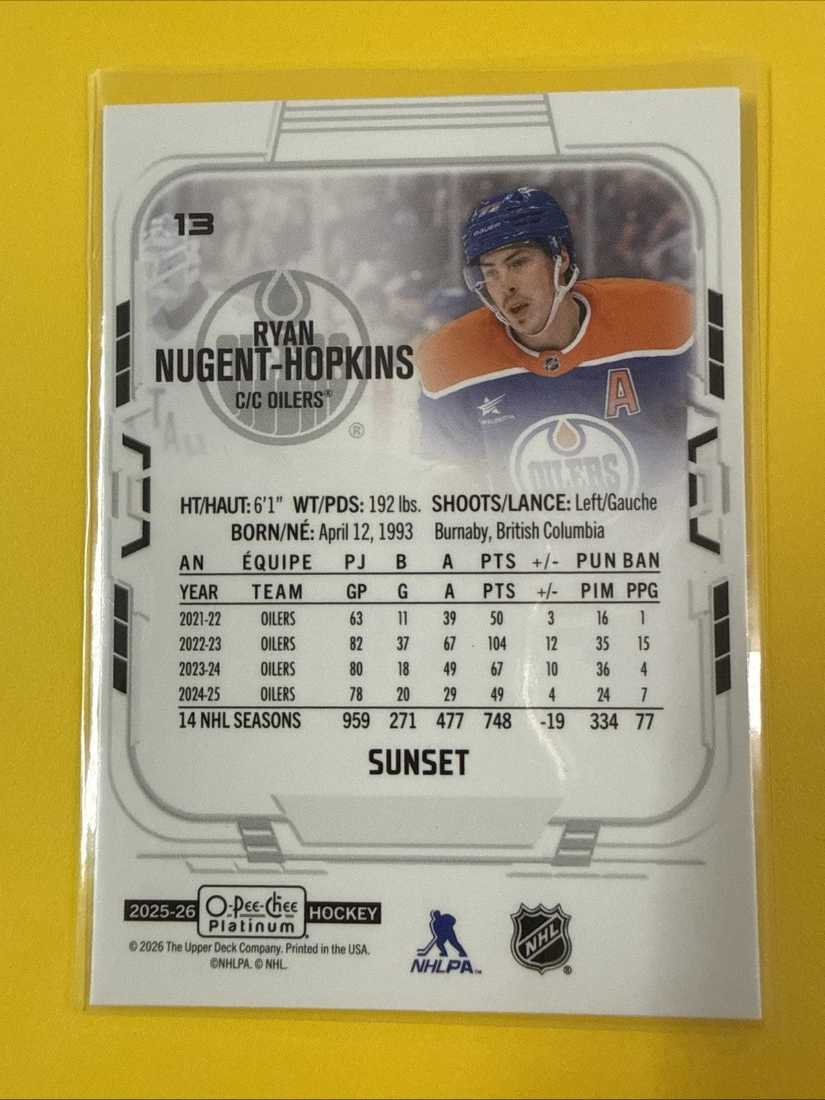 Ryan Nugent- Hopkins . 2025/26 O Pee Chee Platinum Sunset Card - back