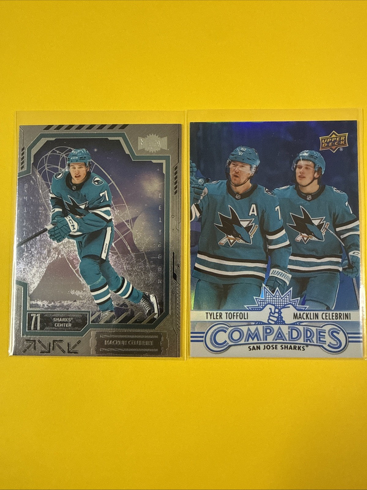 Macklin Celebrini 2025/26 Metal Universe + Upper Deck Hockey Cards - front