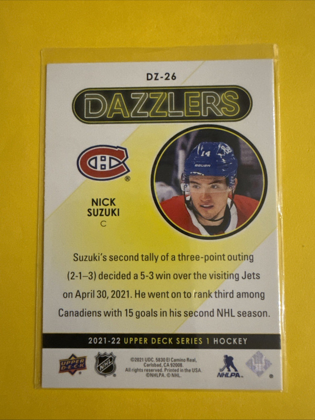 Nick Suzuki 2021/22 UD Green Dazzlers Card - back