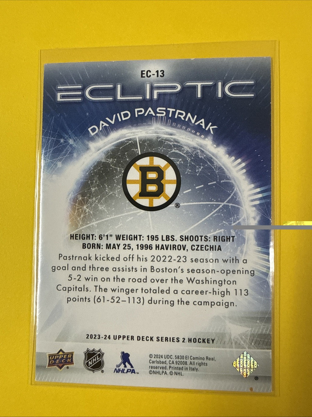David Pastrnak 2023/24 UD Ecliptic Sparkles Gold Card - back