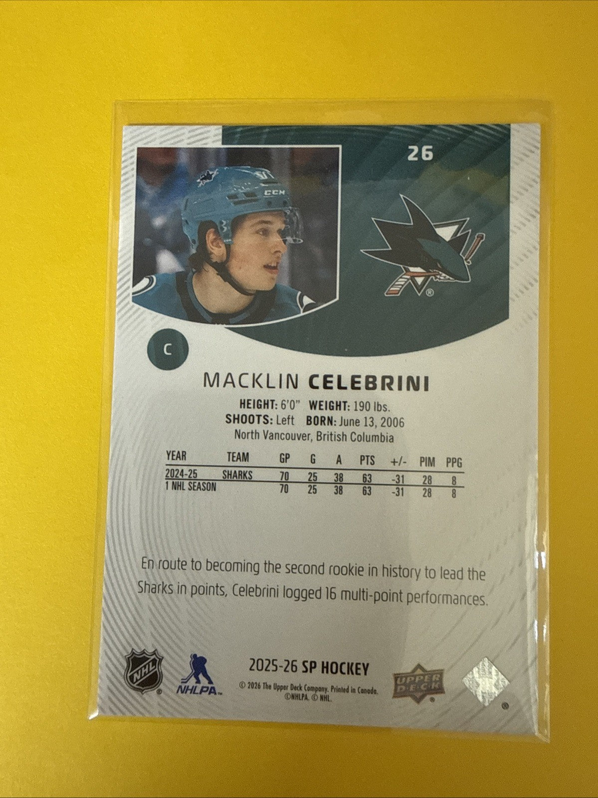 Macklin Celebrini 2025/26 SP Authentic Card - back