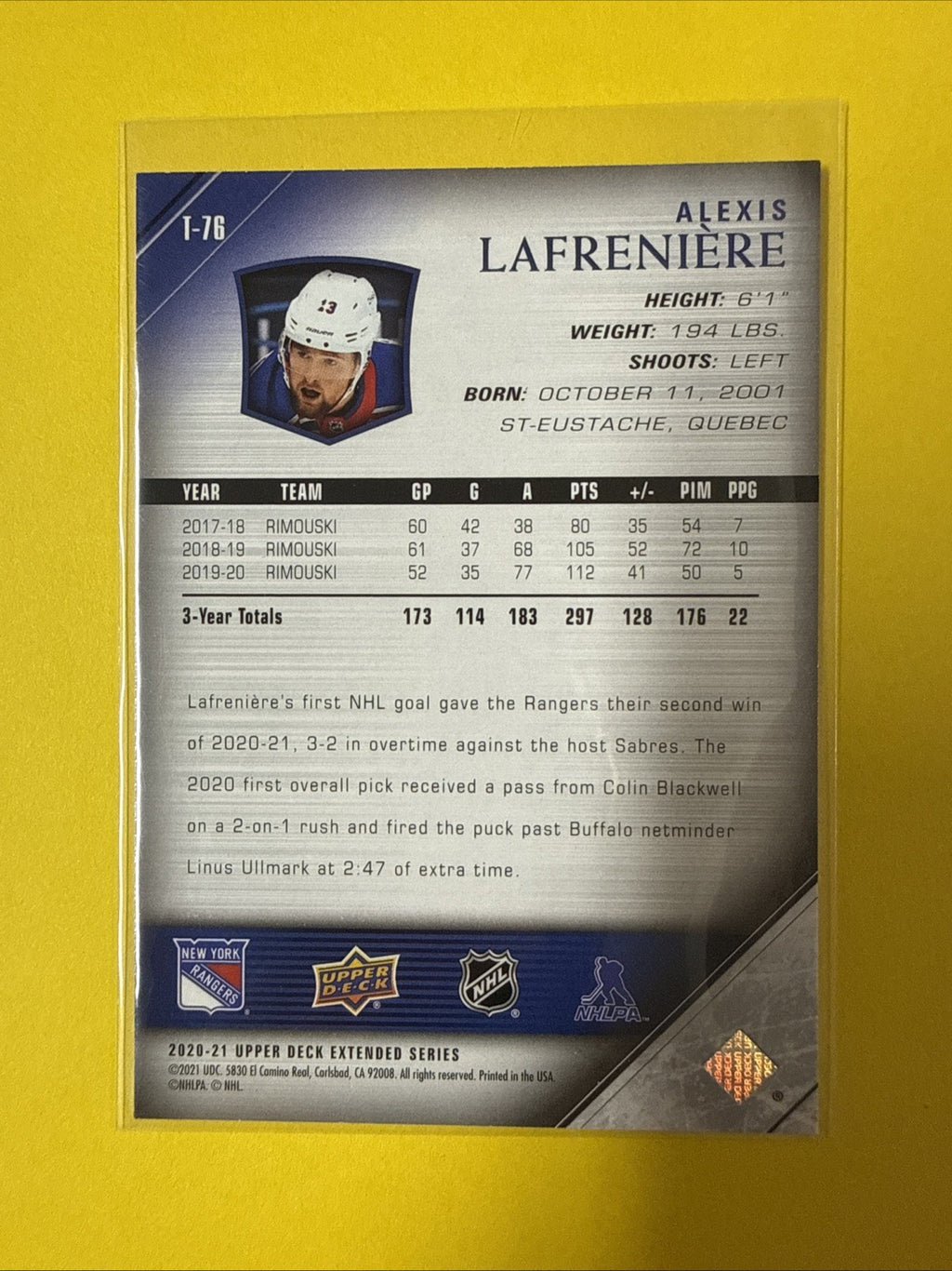 Alexis Lafreniere 2020/21 UD Rookie Card T-76 - back
