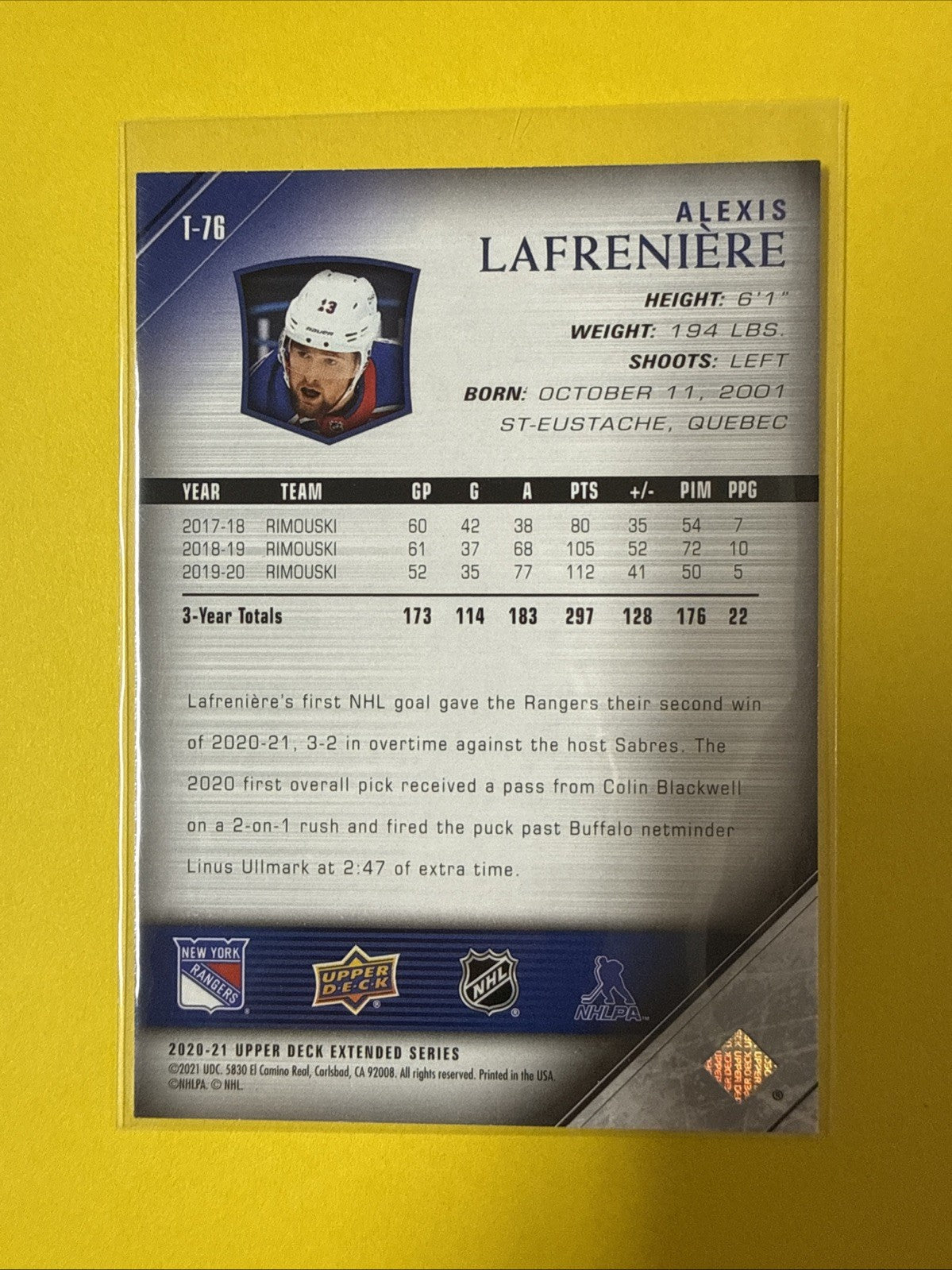 Alexis Lafreniere 2020/21 UD Rookie Card T-76 - back