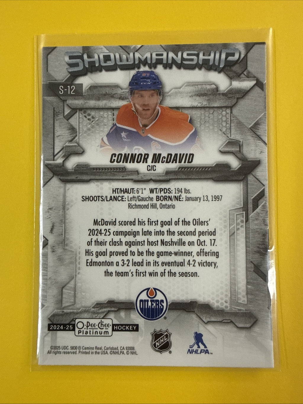 Connor McDavid 2024/25 O Pee Platinum Showmanship Card - back
