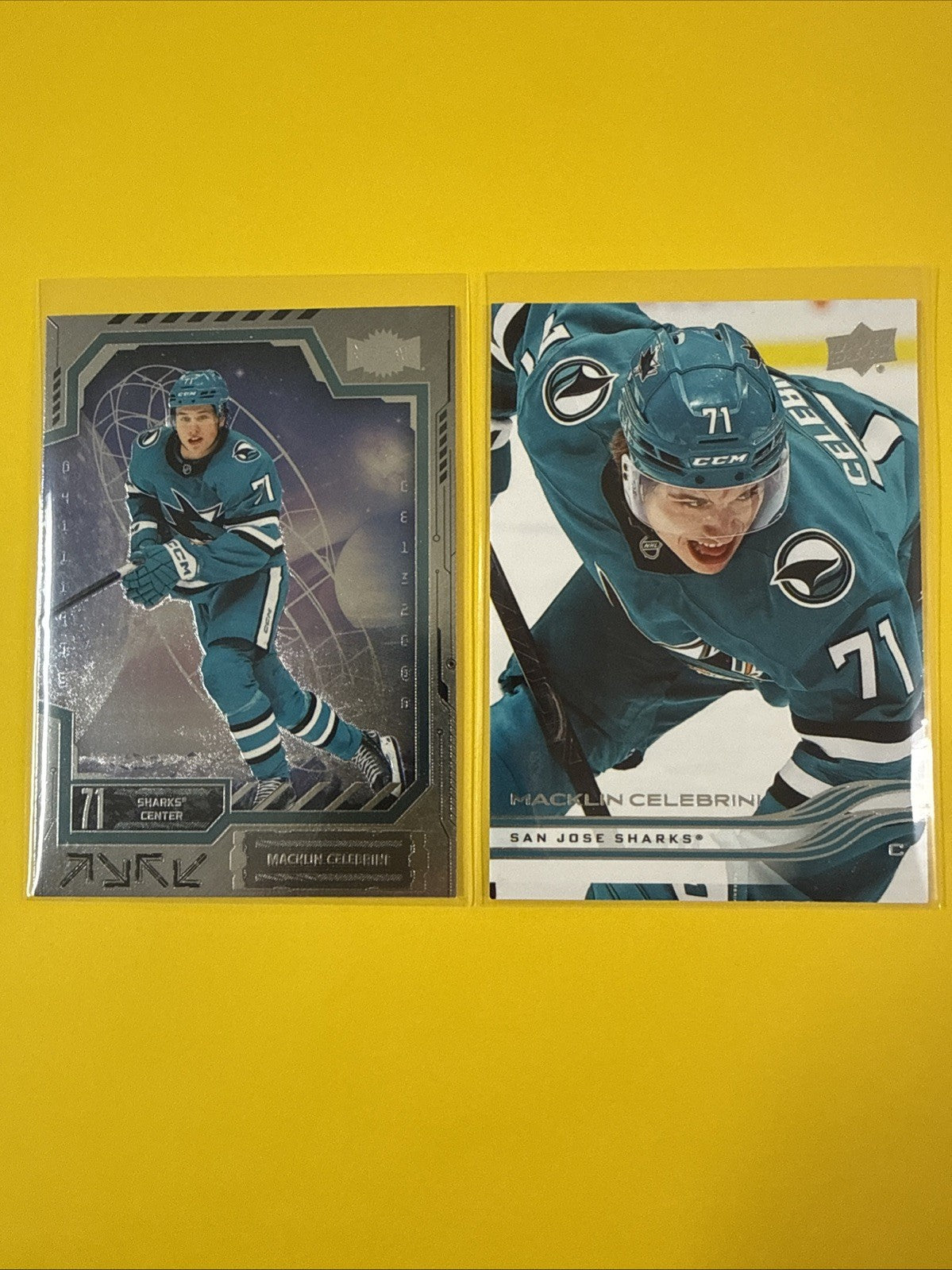 Macklin Celebrini 2025/26 Metal Universe + Upper Deck Hockey Cards - front