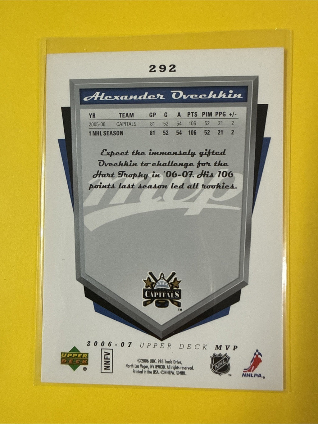 Alex Ovechkin 2006/07 Mvp Card - back