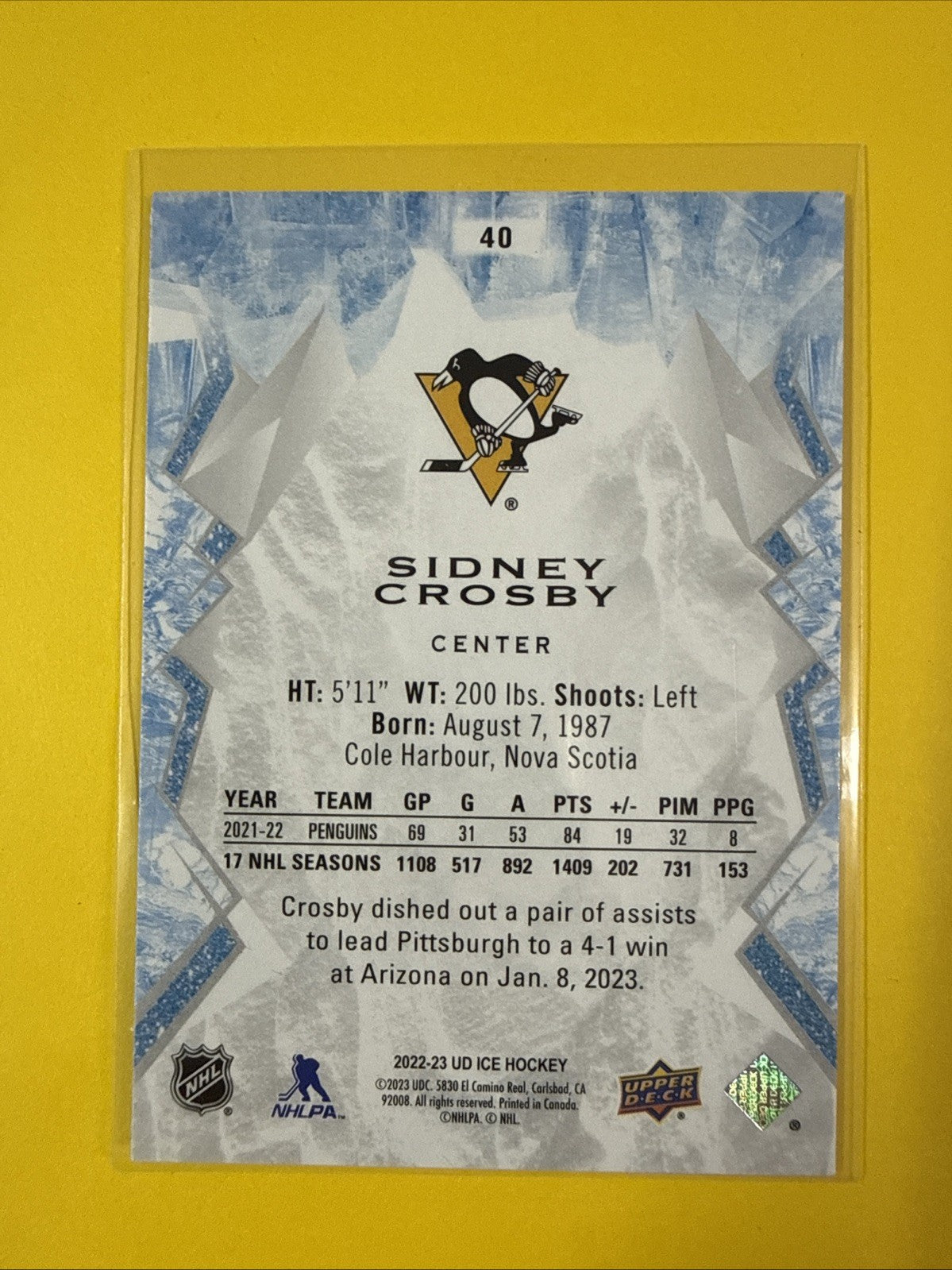 Sidney Crosby 2022/23 UD Ice Green Emerald Card - back