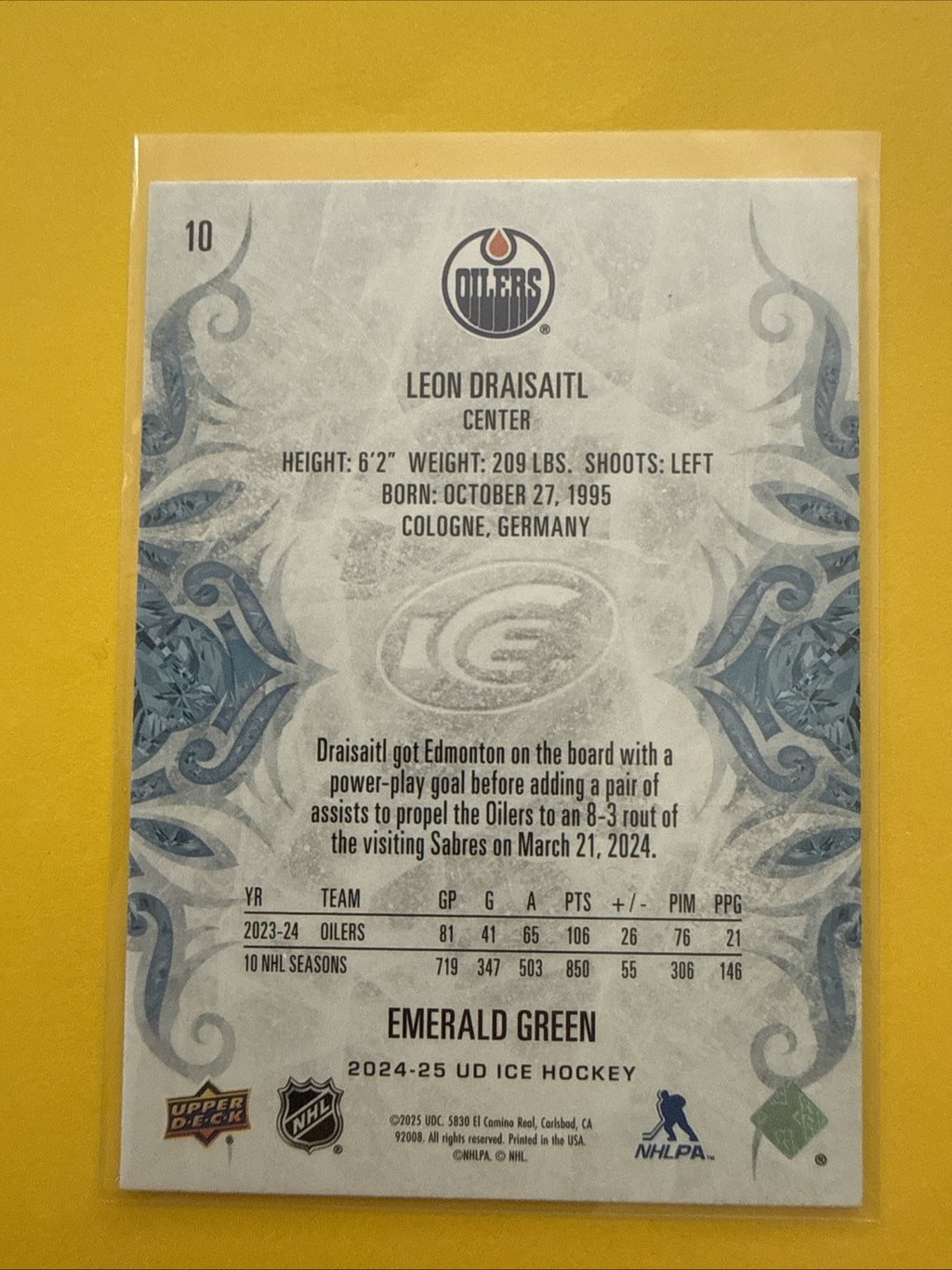 Leon Draisaitl 2024/25 UD Ice Emerald Green Card - back