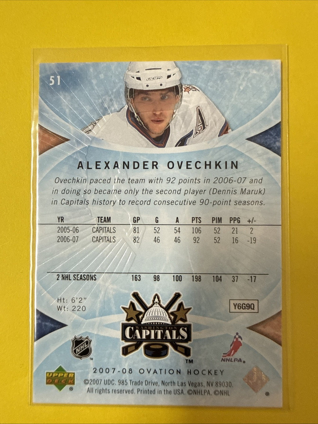Alexander Ovechkin 2007 Card - back