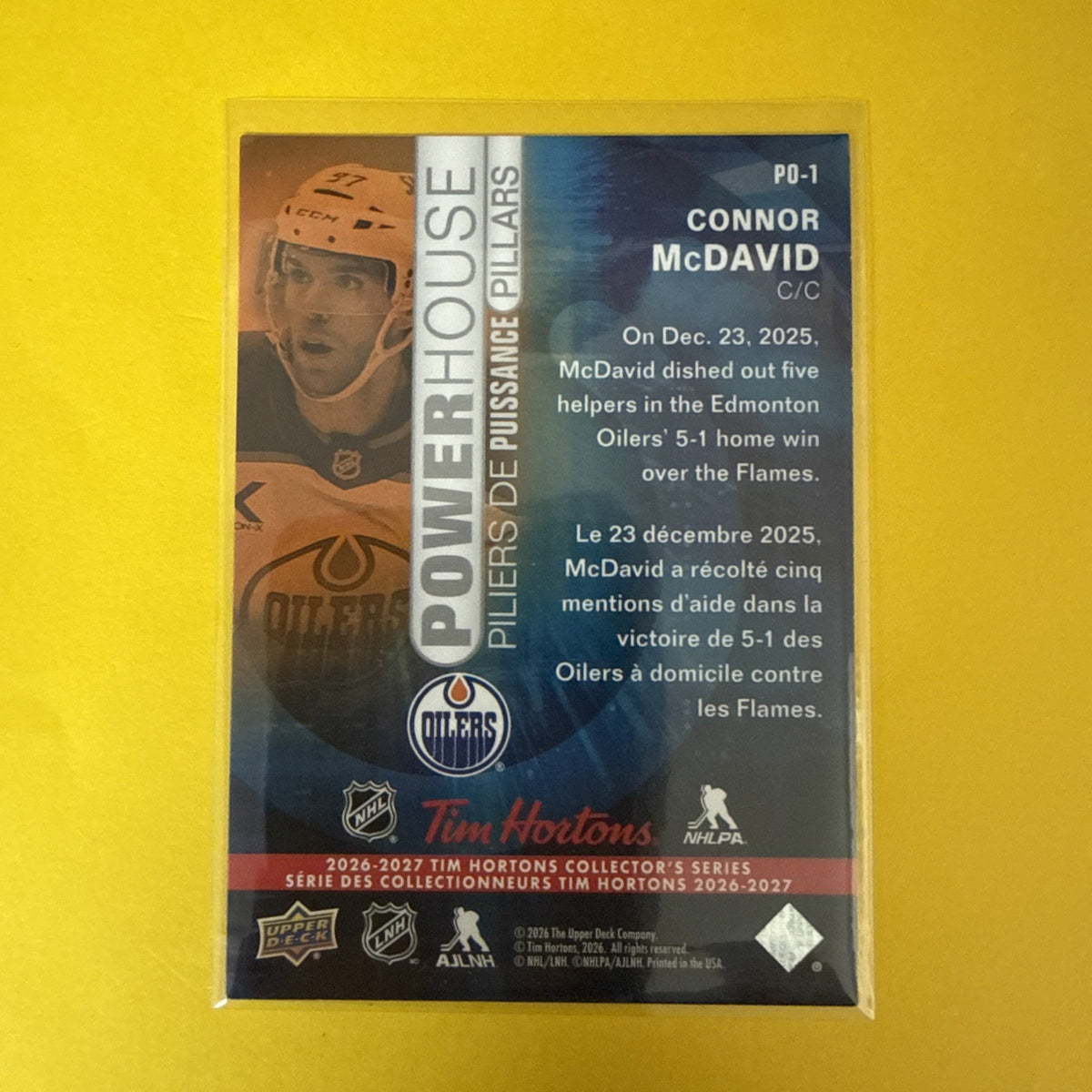Connor McDavid 2026/27 Tim Hortons Power House Card - back