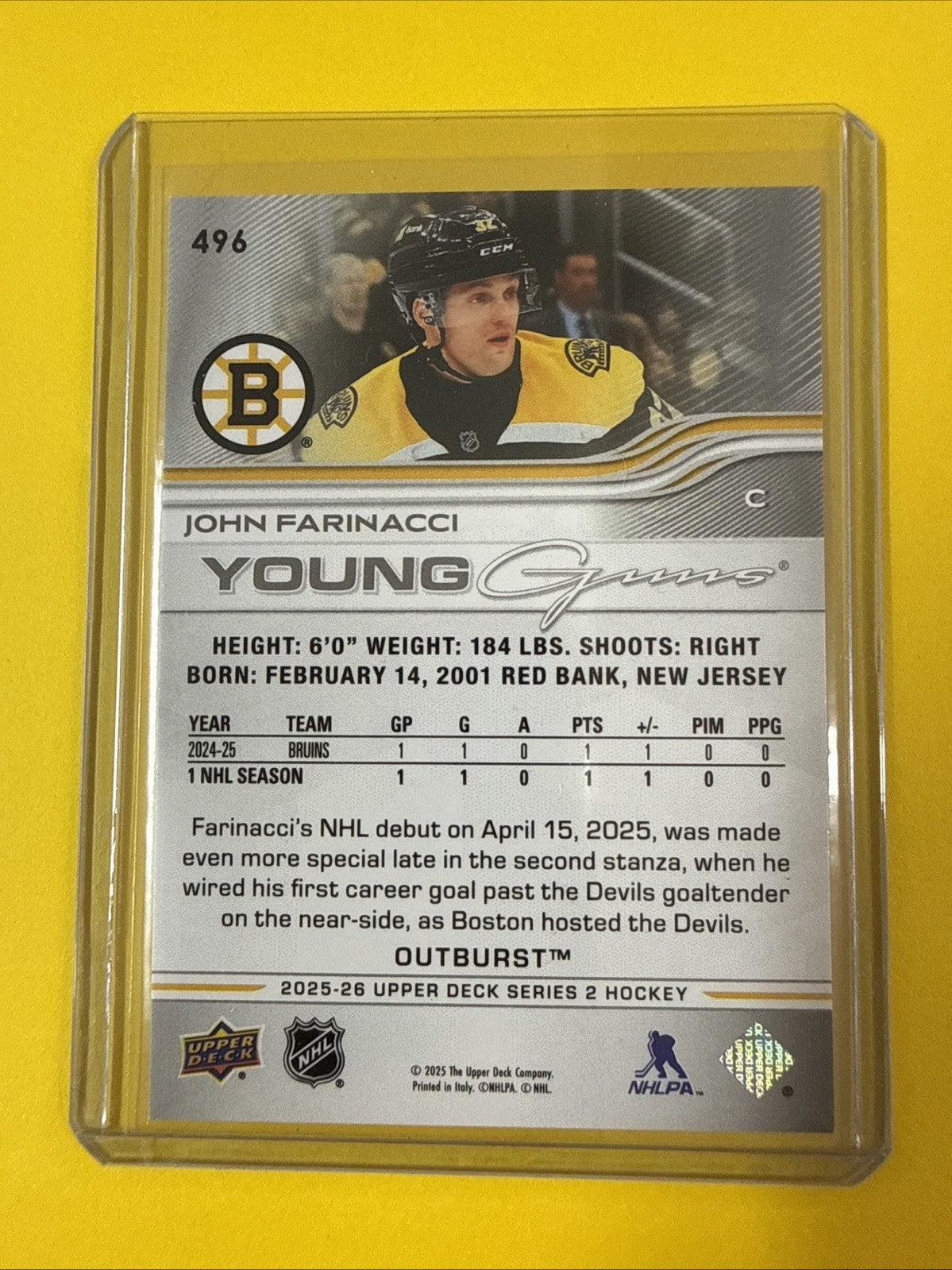 25-26 UD Series 2. Young Guns Outburst John Farinacci. Bruins - back